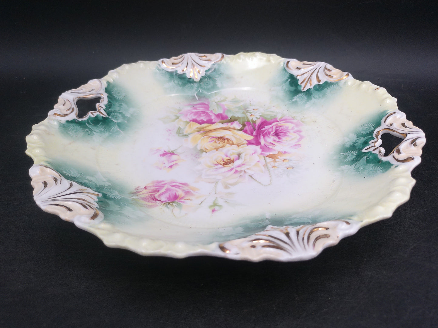 Reinhold Schlegelmilch German Porcelain Pink Rose Handled Dish Antique