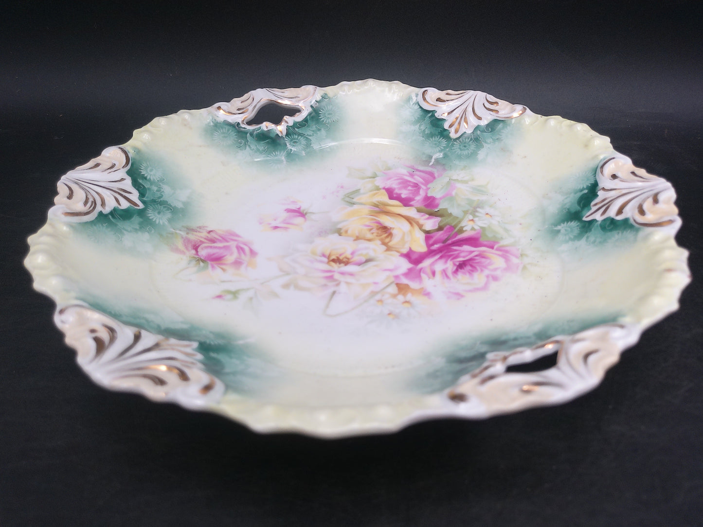 Reinhold Schlegelmilch German Porcelain Pink Rose Handled Dish Antique