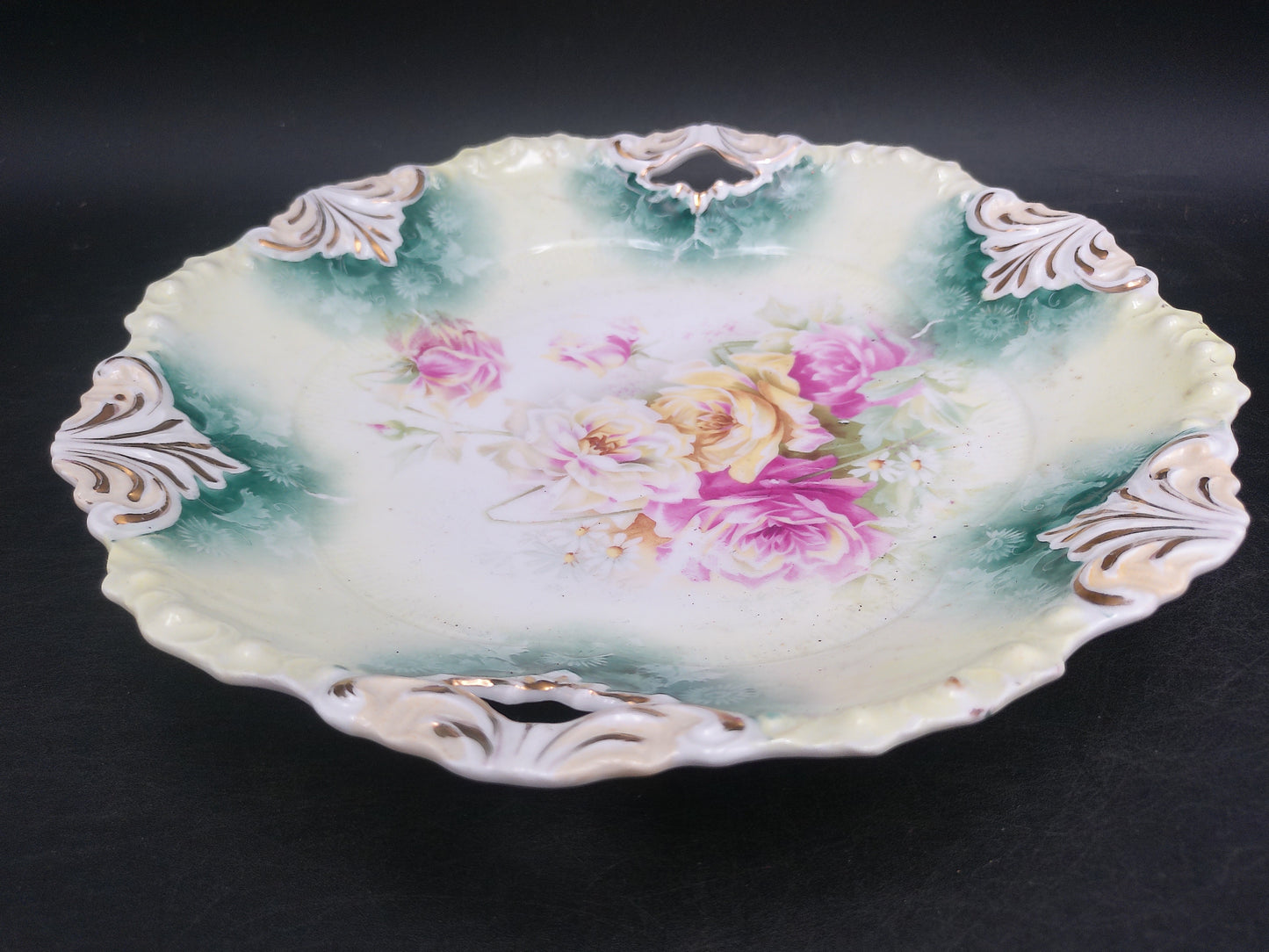 Reinhold Schlegelmilch German Porcelain Pink Rose Handled Dish Antique