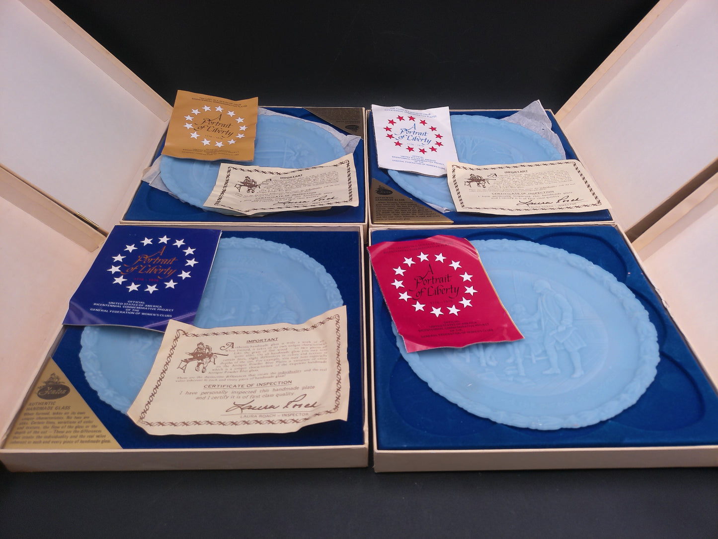 Fenton Blue Powder Glass Plate Portrait Of Liberty  US Congress Orginal  Box Set of 4