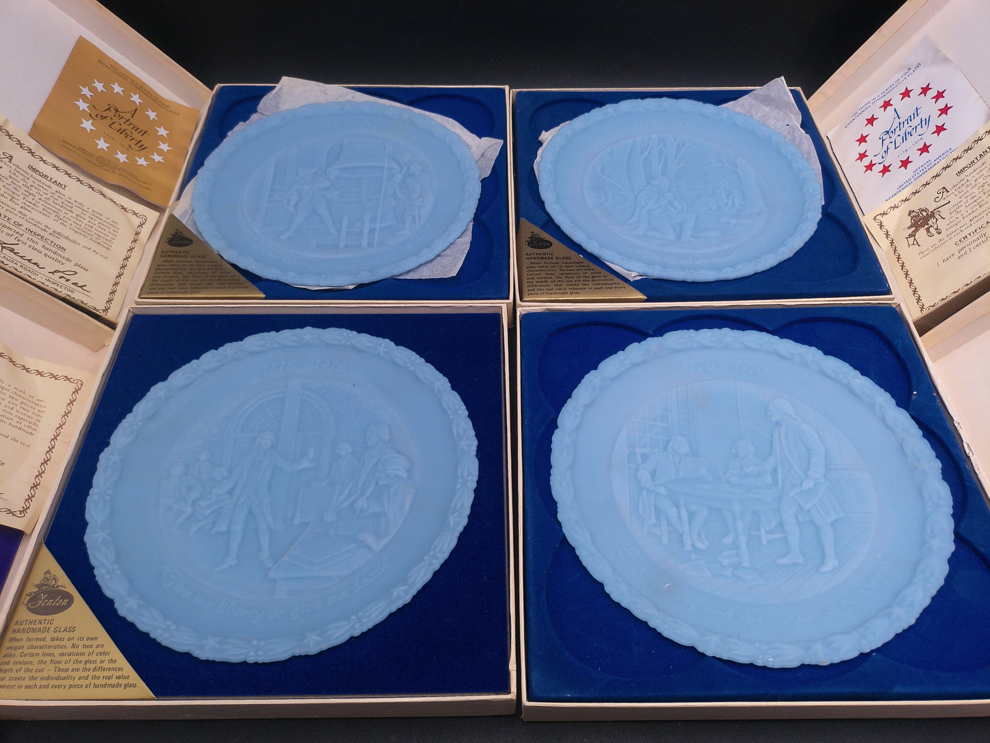 Fenton Blue Powder Glass Plate Portrait Of Liberty  US Congress Orginal  Box Set of 4