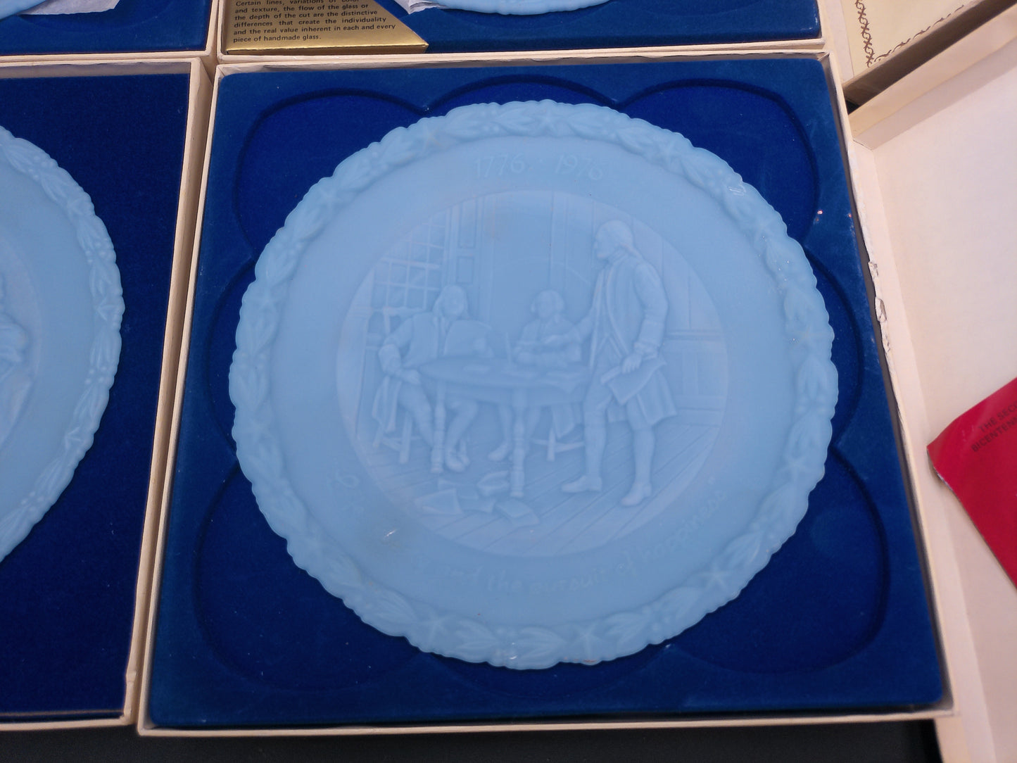 Fenton Blue Powder Glass Plate Portrait Of Liberty  US Congress Orginal  Box Set of 4
