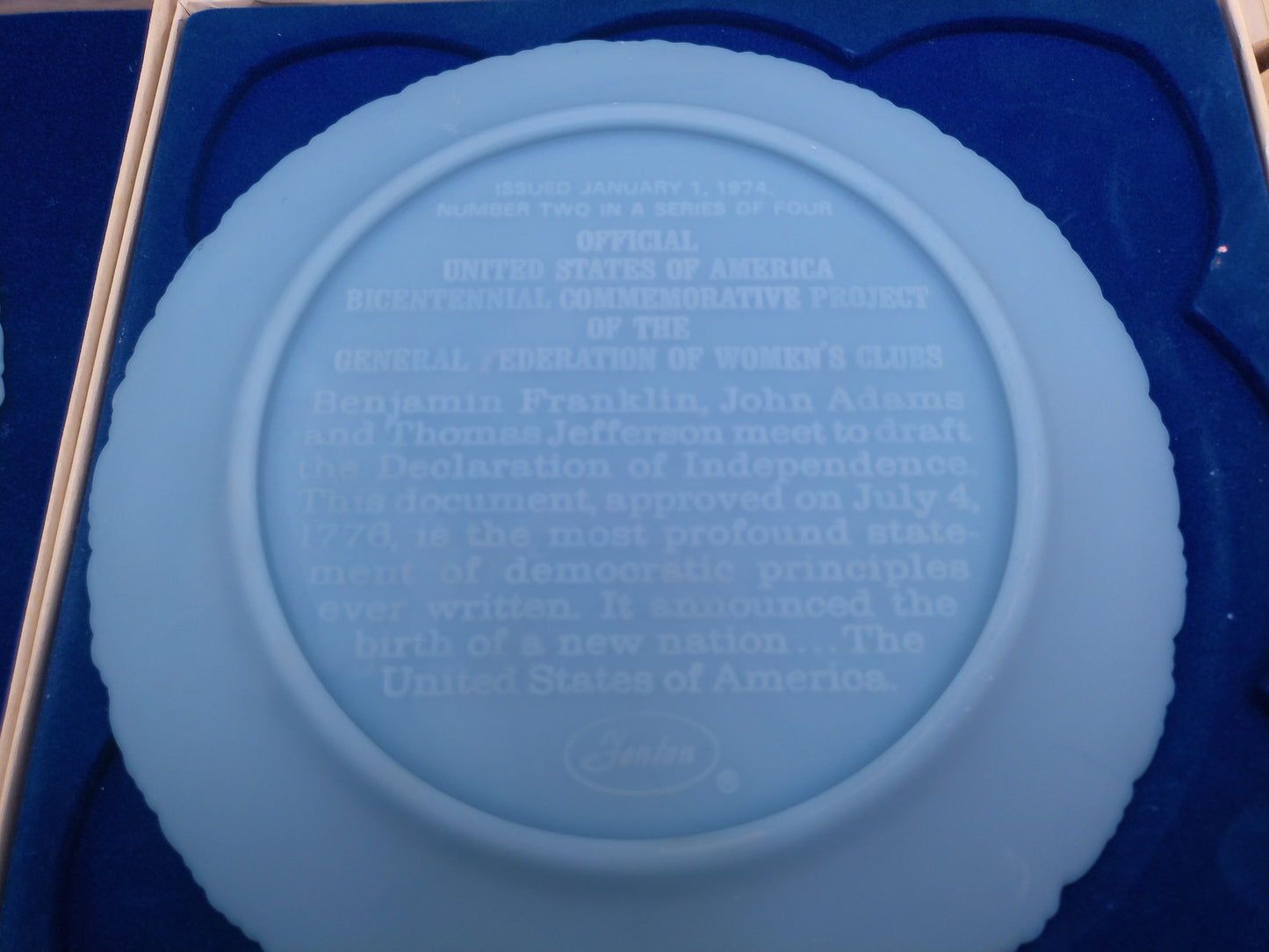 Fenton Blue Powder Glass Plate Portrait Of Liberty  US Congress Orginal  Box Set of 4