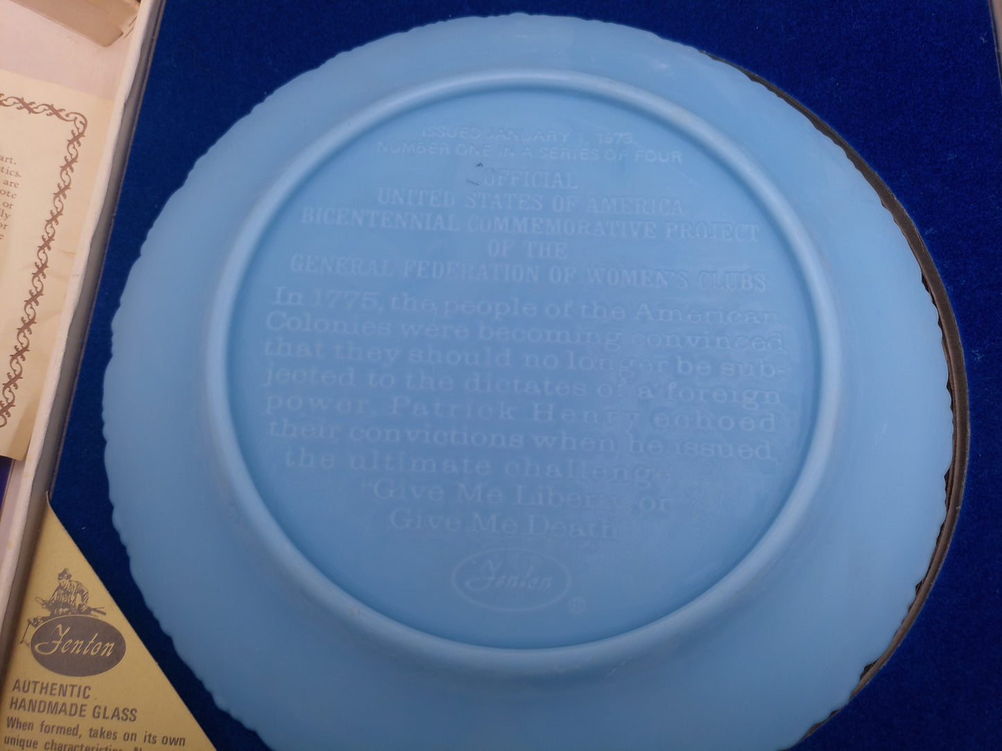 Fenton Blue Powder Glass Plate Portrait Of Liberty  US Congress Orginal  Box Set of 4