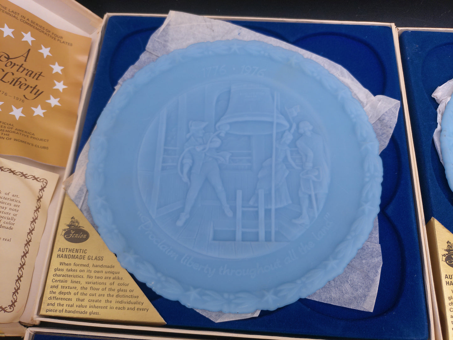 Fenton Blue Powder Glass Plate Portrait Of Liberty  US Congress Orginal  Box Set of 4