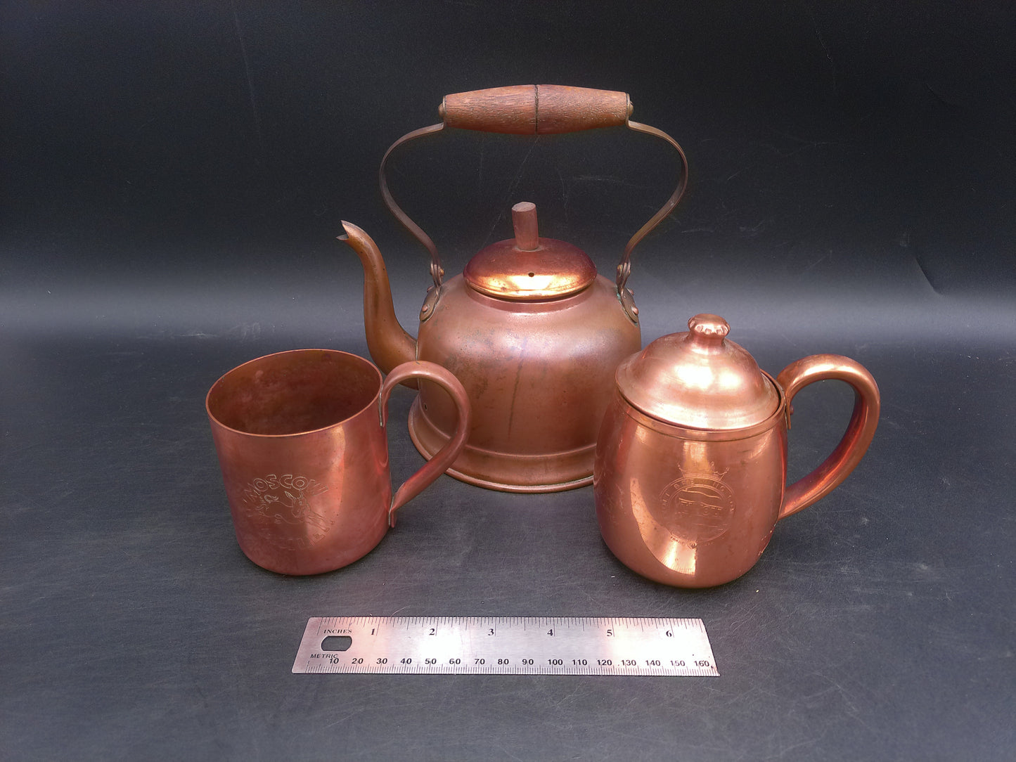 Tea Coffee Pot Pitcher and Cup Mug Copper  Vin