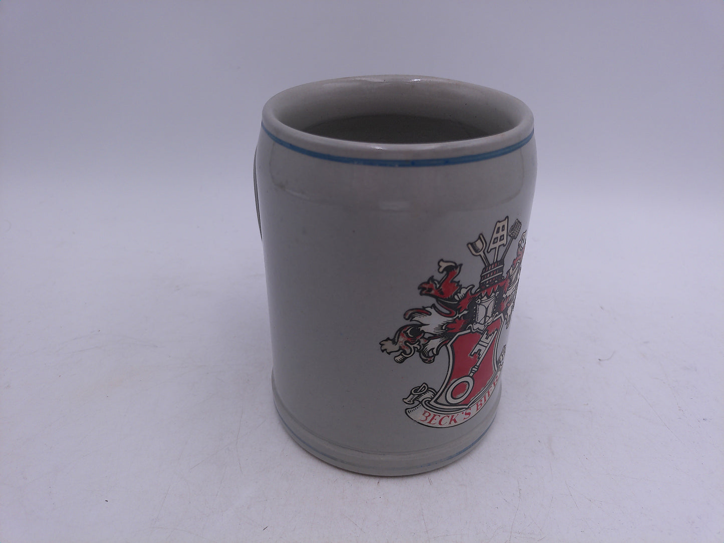 Beer Stein Beck's Bier Western Germany gray beer mug cobalt blue trim around base