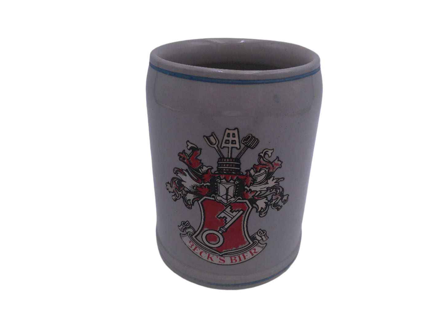 Beer Stein Beck's Bier Western Germany gray beer mug cobalt blue trim around base