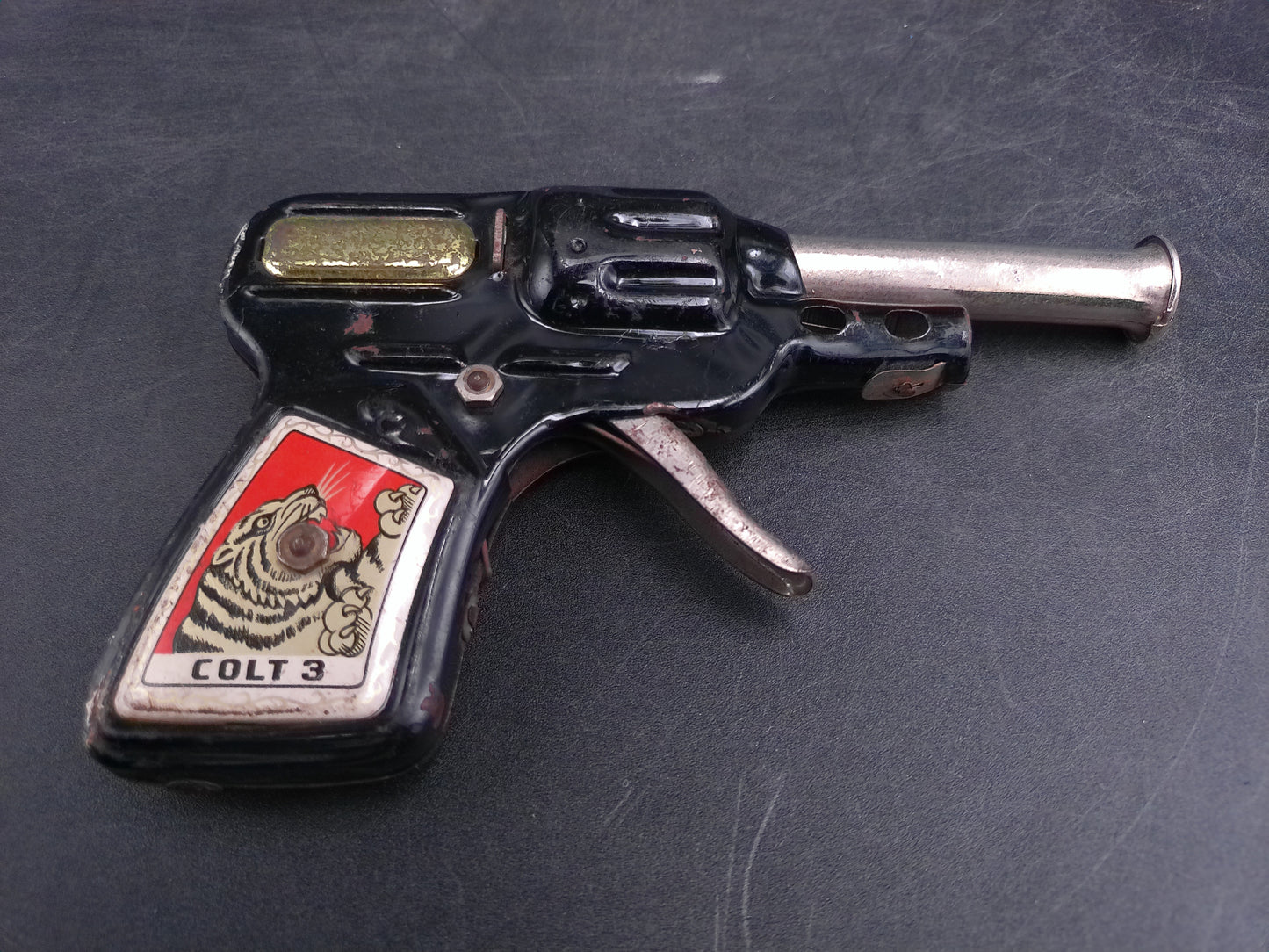 Vintage Japan Tin Colt 3 Cork Toy Pistol