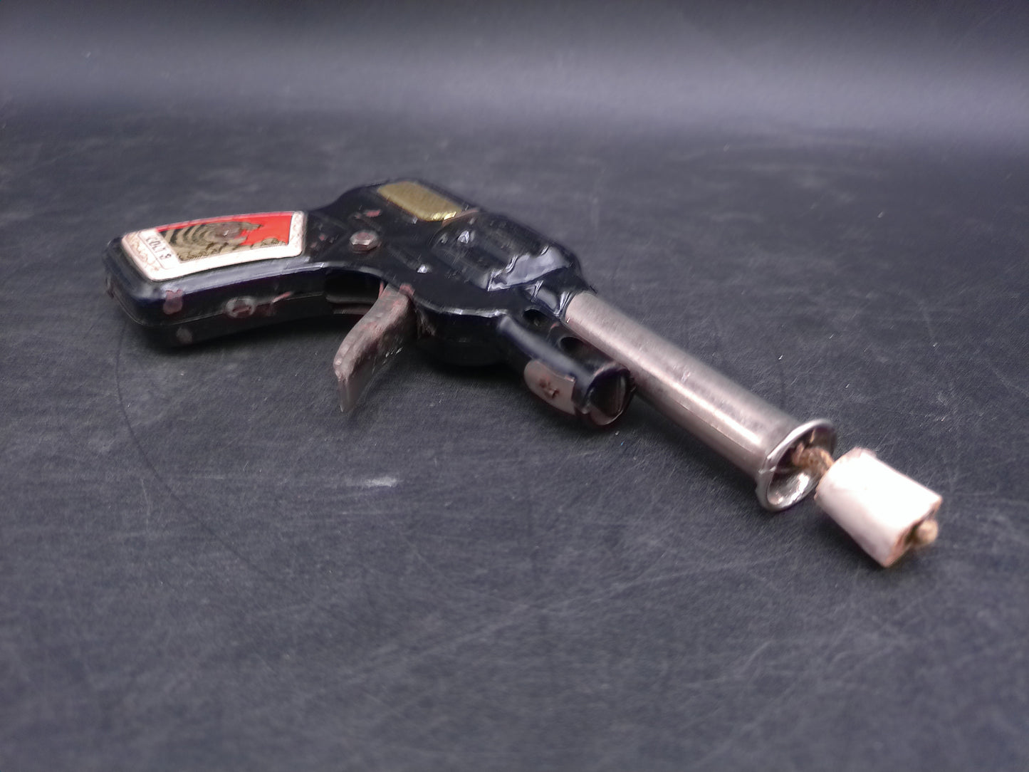 Vintage Japan Tin Colt 3 Cork Toy Pistol