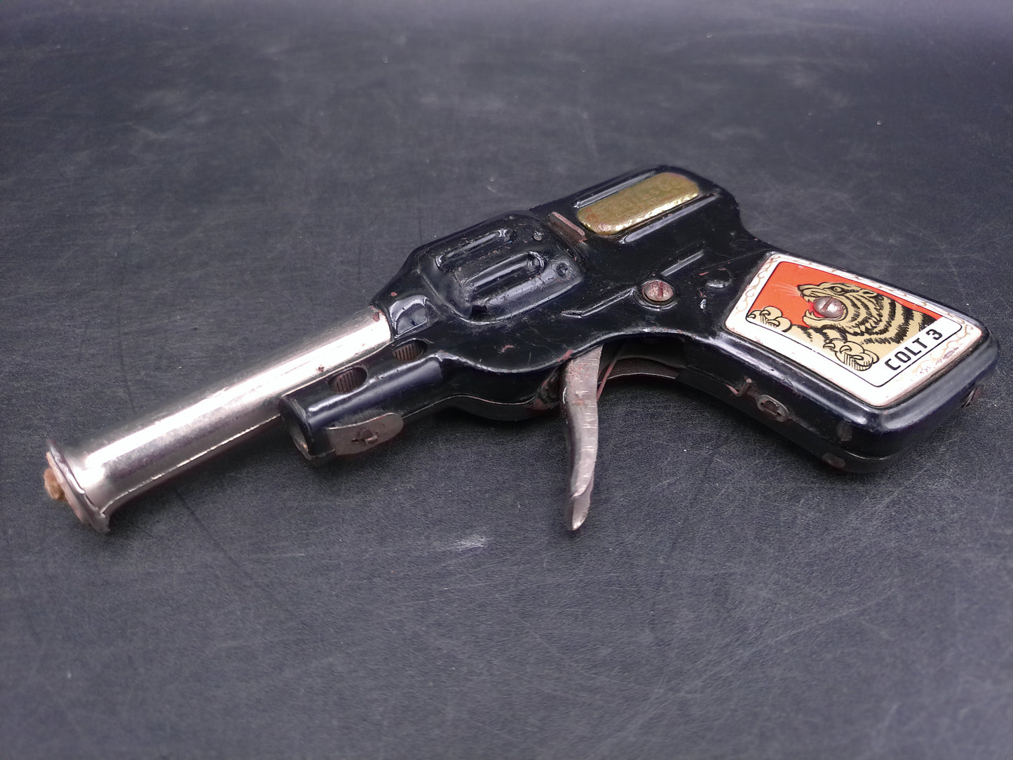 Vintage Japan Tin Colt 3 Cork Toy Pistol