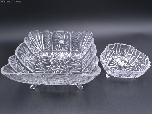 Violetta Square Lead Crystal Footed Bowl Poland Starburst Hobstar Pinwhee lot of 2