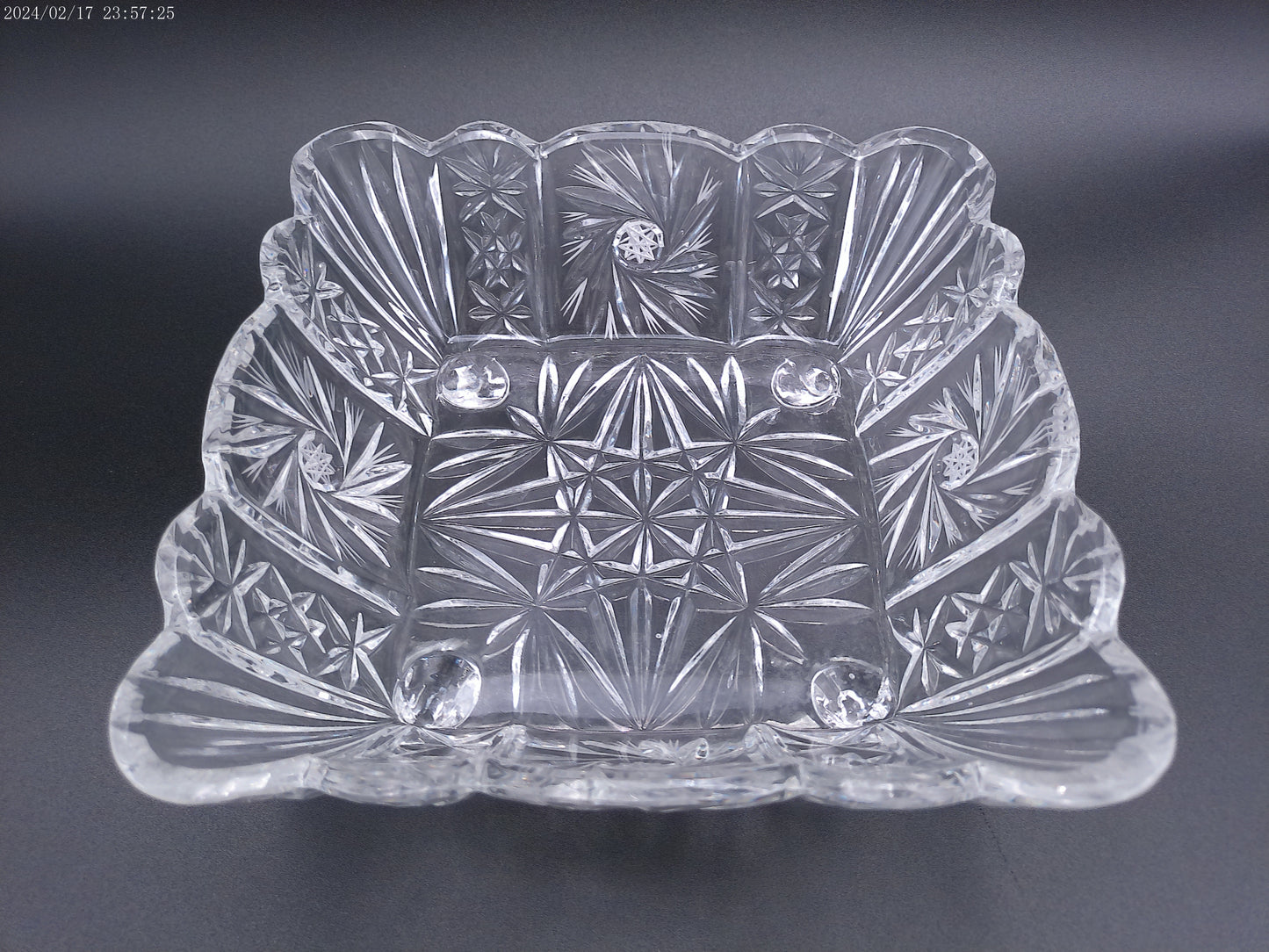 Violetta Square Lead Crystal Footed Bowl Poland Starburst Hobstar Pinwhee lot of 2