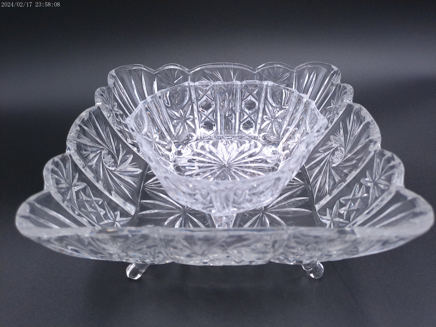 Violetta Square Lead Crystal Footed Bowl Poland Starburst Hobstar Pinwhee lot of 2