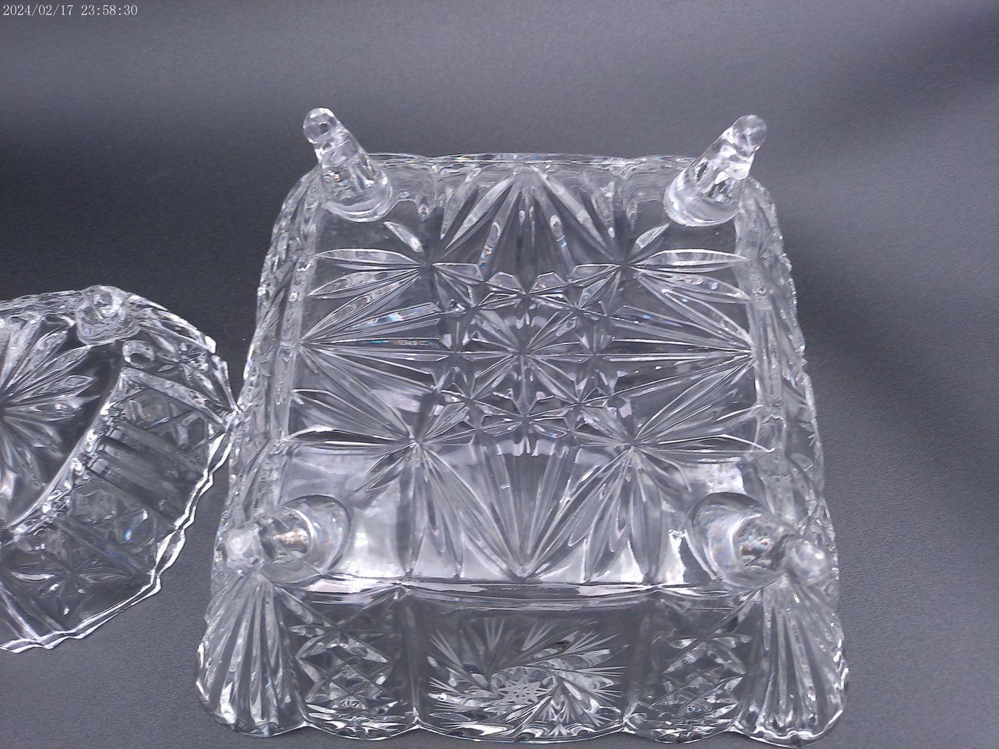 Violetta Square Lead Crystal Footed Bowl Poland Starburst Hobstar Pinwhee lot of 2