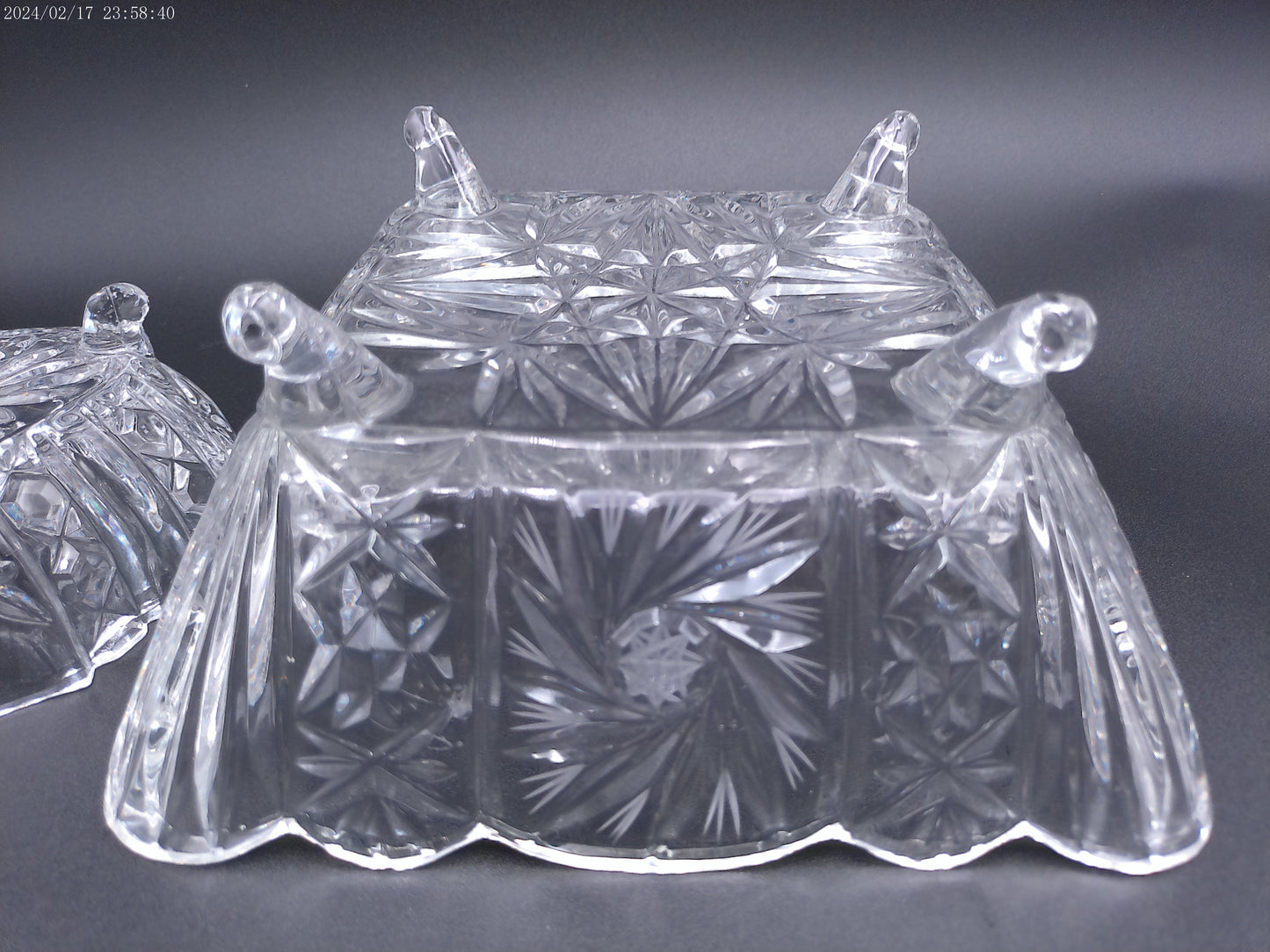 Violetta Square Lead Crystal Footed Bowl Poland Starburst Hobstar Pinwhee lot of 2