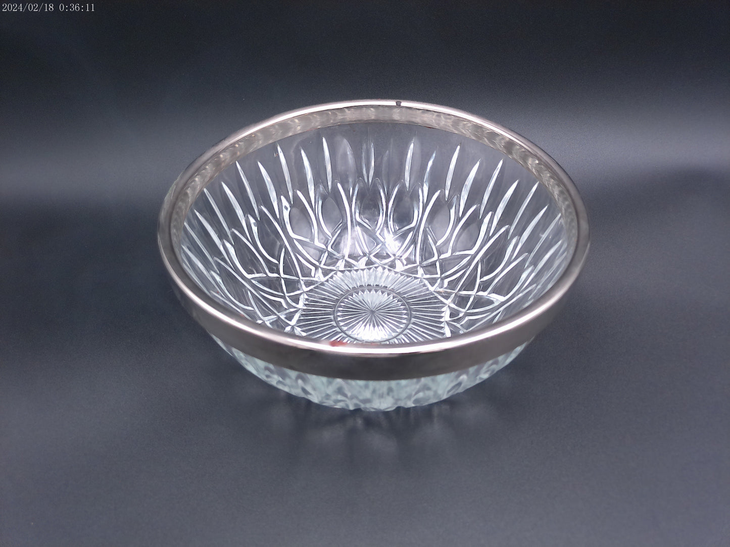 Crystal Chrome Rim Pressed Glass Salad Bowl Vintage