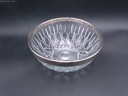 Crystal Chrome Rim Pressed Glass Salad Bowl Vintage