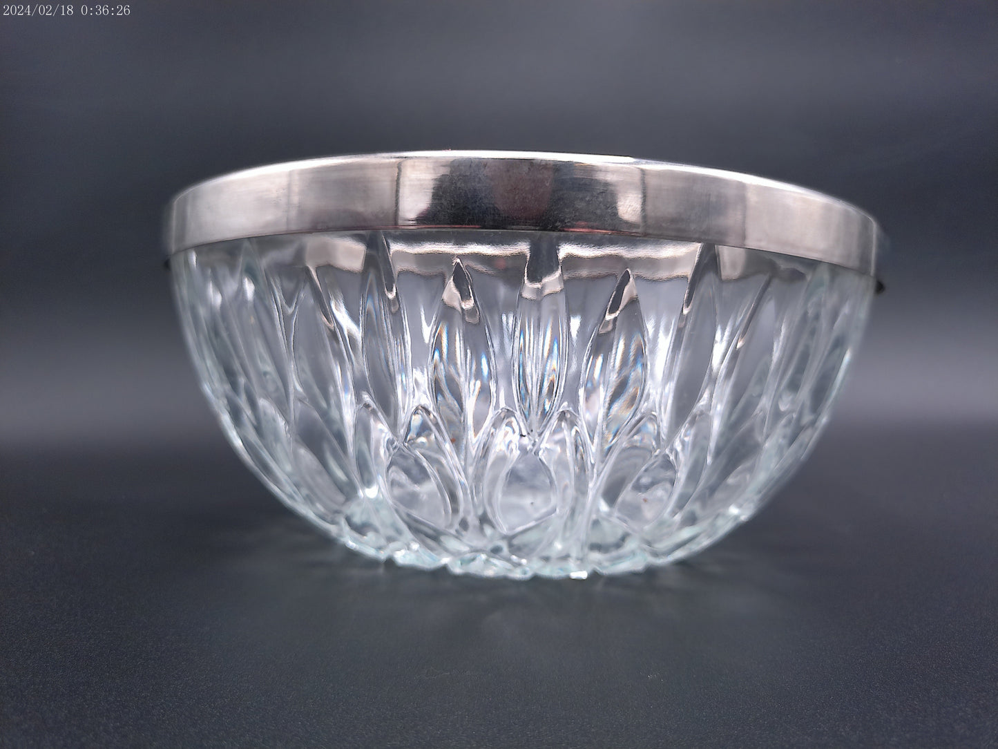 Crystal Chrome Rim Pressed Glass Salad Bowl Vintage
