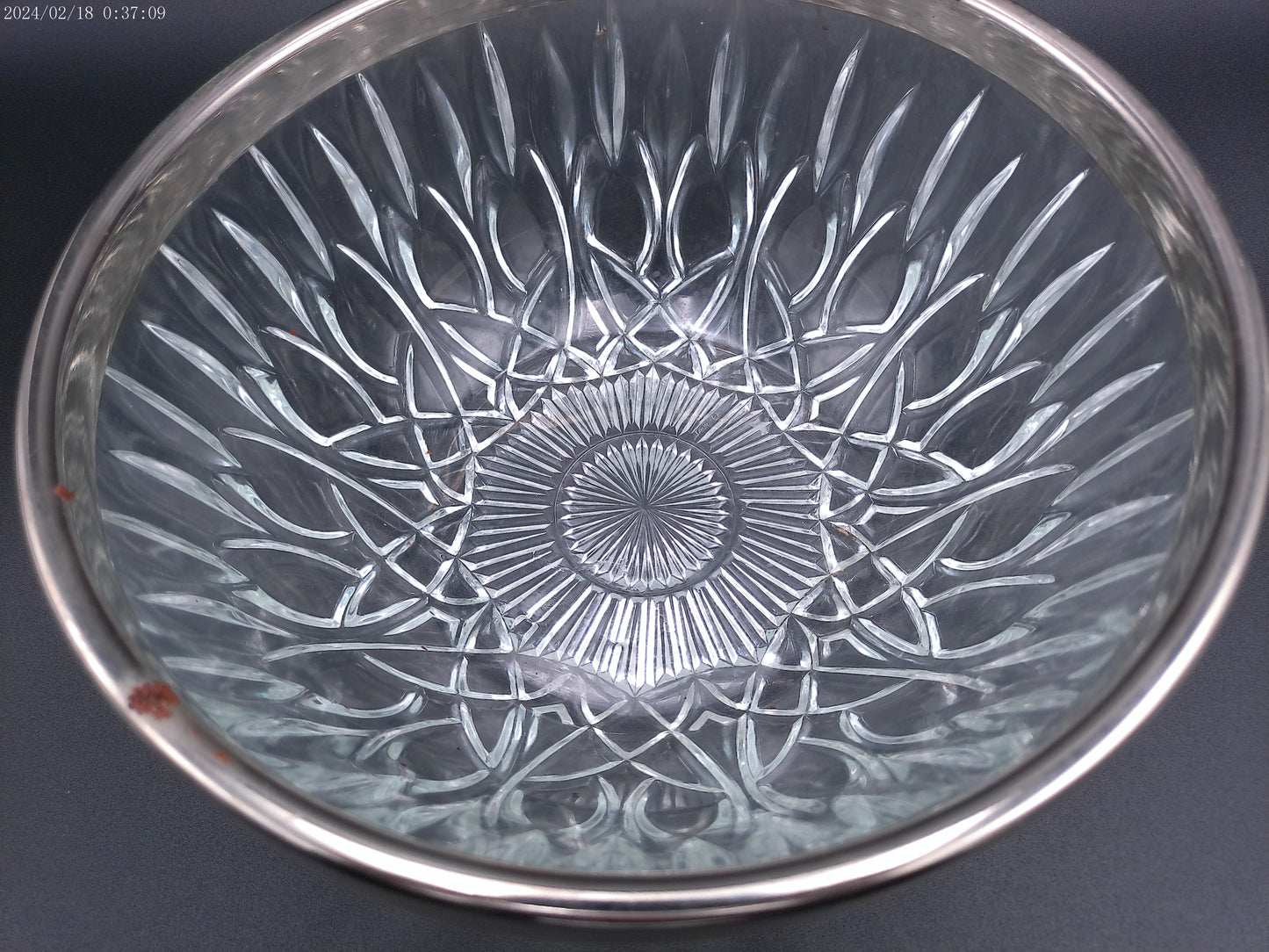Crystal Chrome Rim Pressed Glass Salad Bowl Vintage