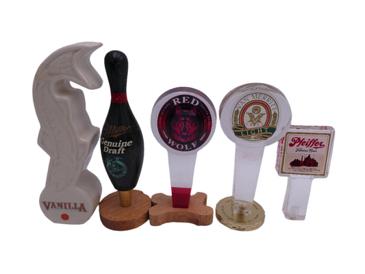 Beer Tap Taps Lot of  5  Red Wolf Vanvilla Miller Genuine Draft Pfeiffer Famous Beer Van Merreit