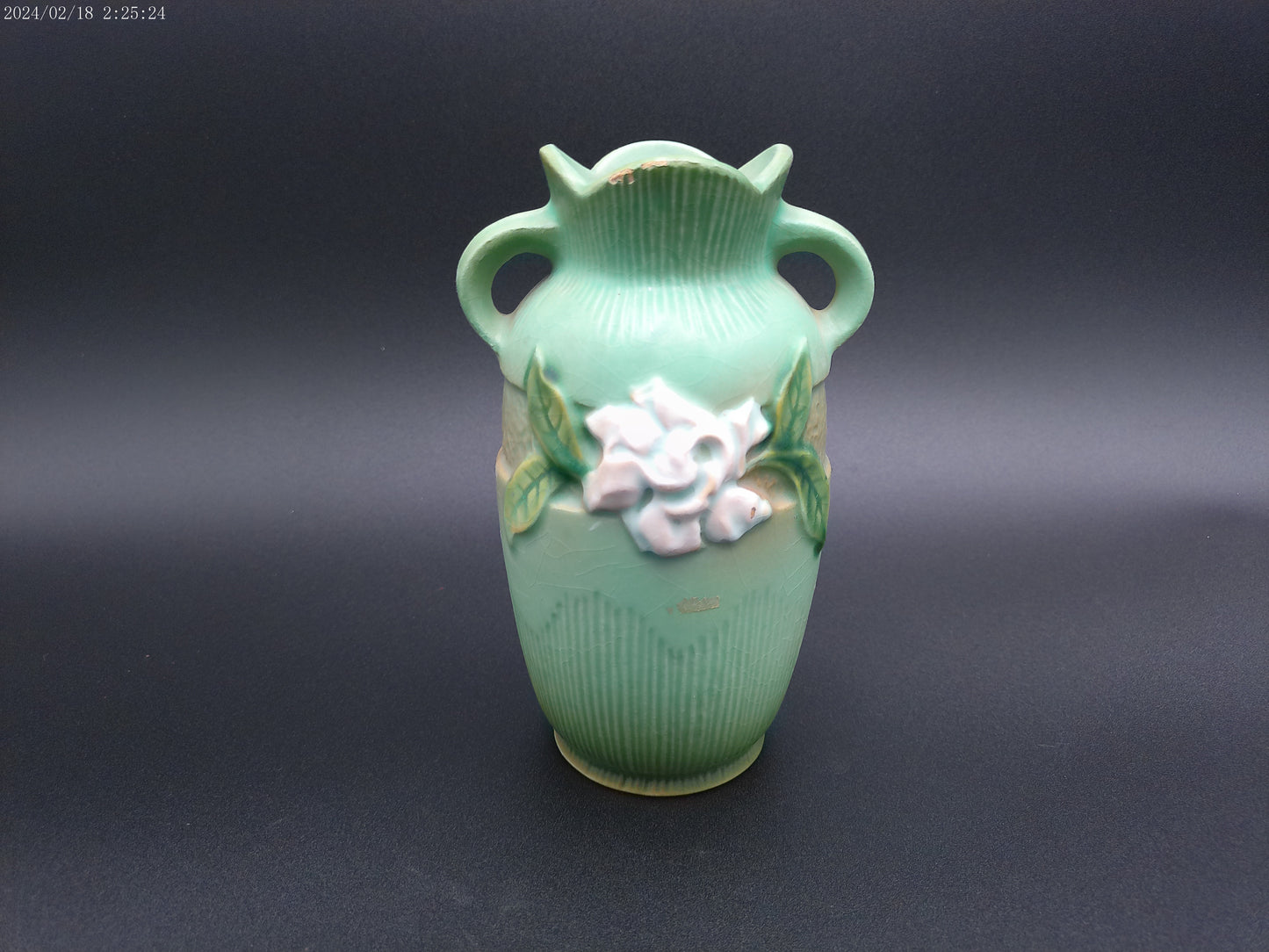 Roseville Pottery Green Gardenia Handled Vase Vintage