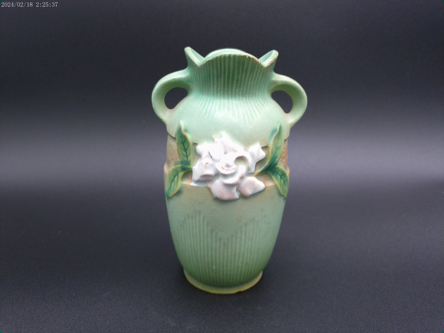 Roseville Pottery Green Gardenia Handled Vase Vintage