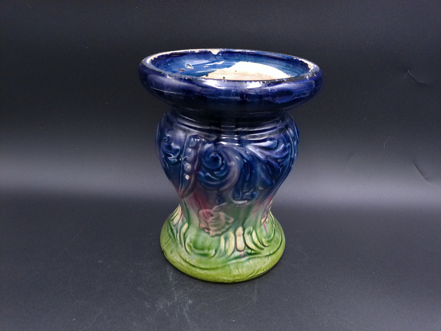 Vase Blue & Green Glazed Ceramic Vase Decorative Design Vintage