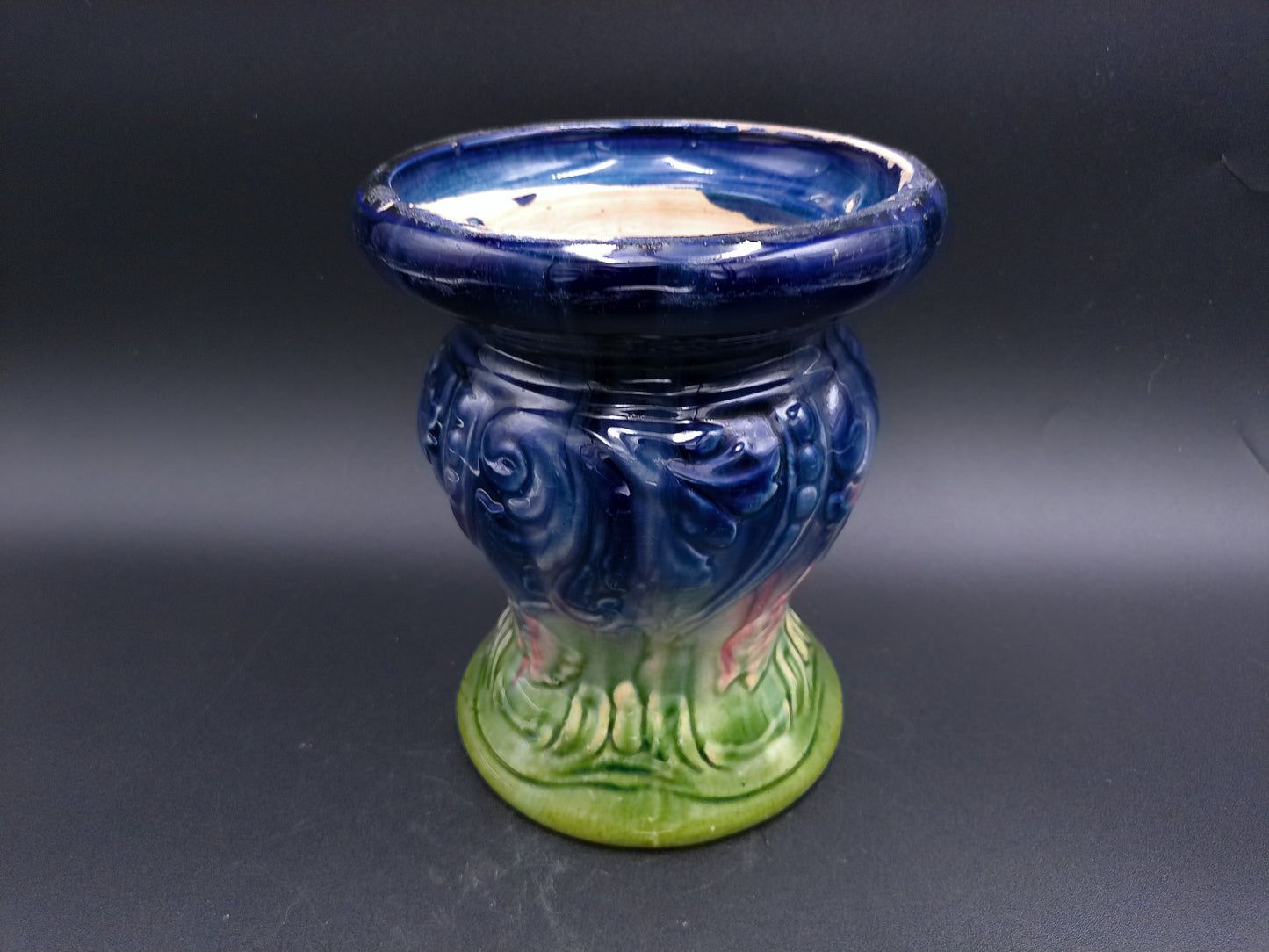 Vase Blue & Green Glazed Ceramic Vase Decorative Design Vintage