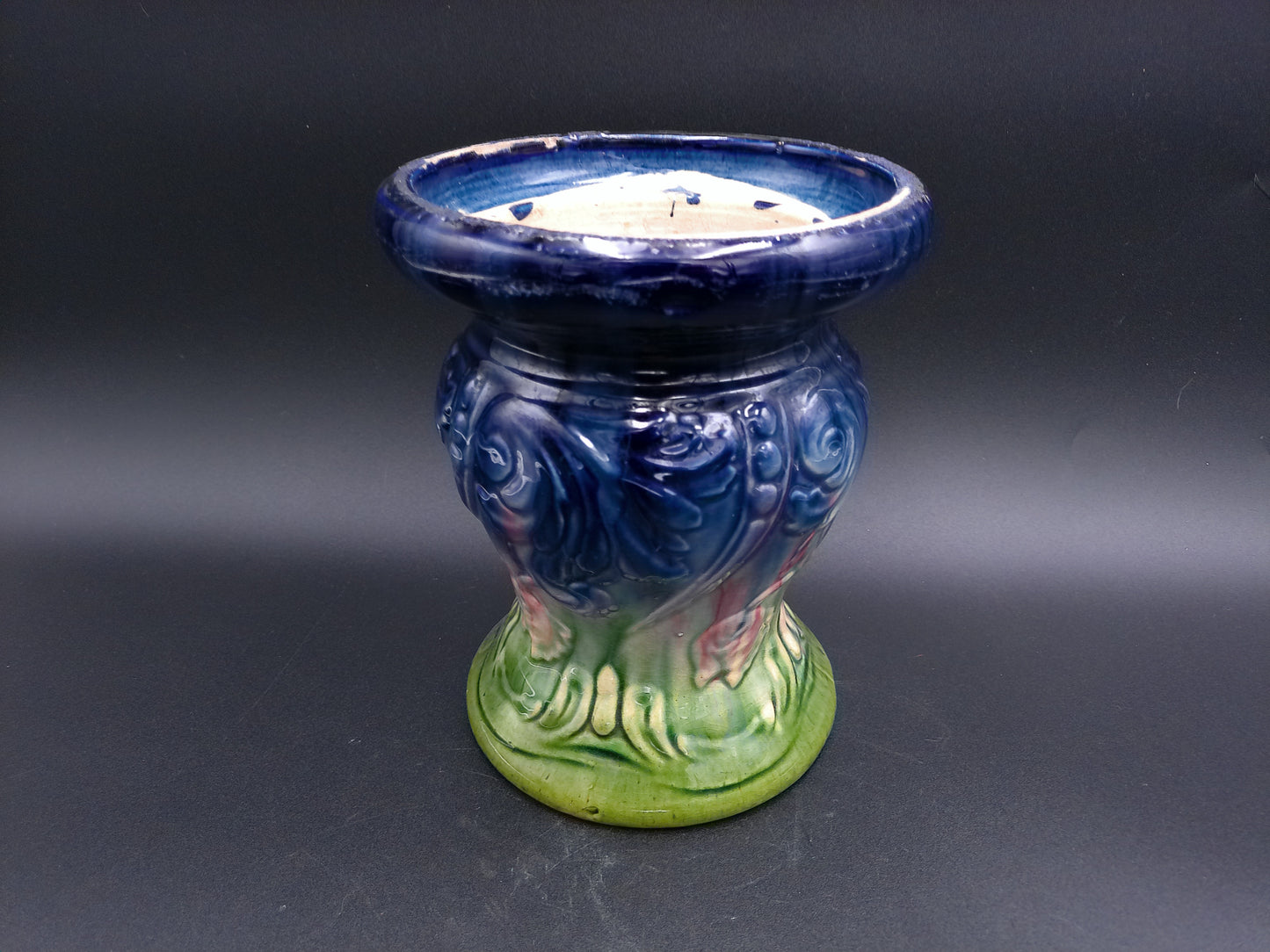 Vase Blue & Green Glazed Ceramic Vase Decorative Design Vintage