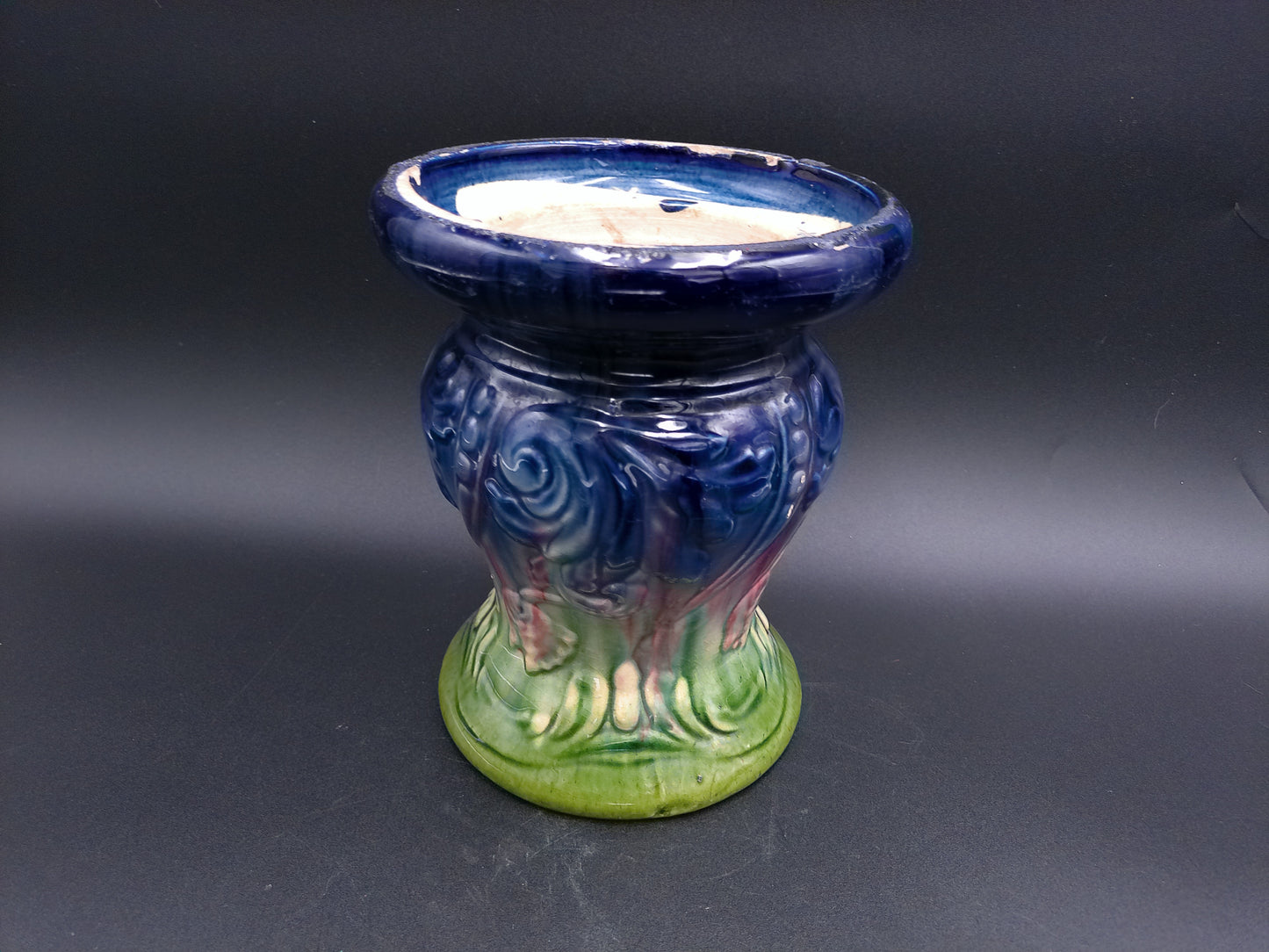 Vase Blue & Green Glazed Ceramic Vase Decorative Design Vintage