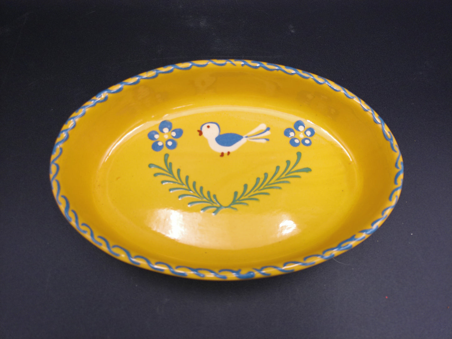 two plates bowls dish yellow colors decorative bird design vintage