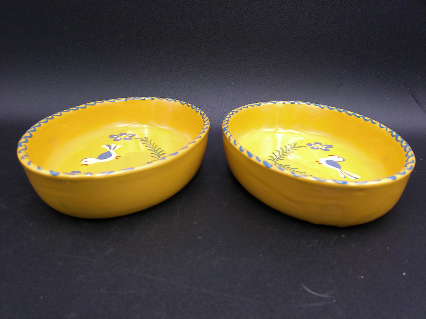 two plates bowls dish yellow colors decorative bird design vintage