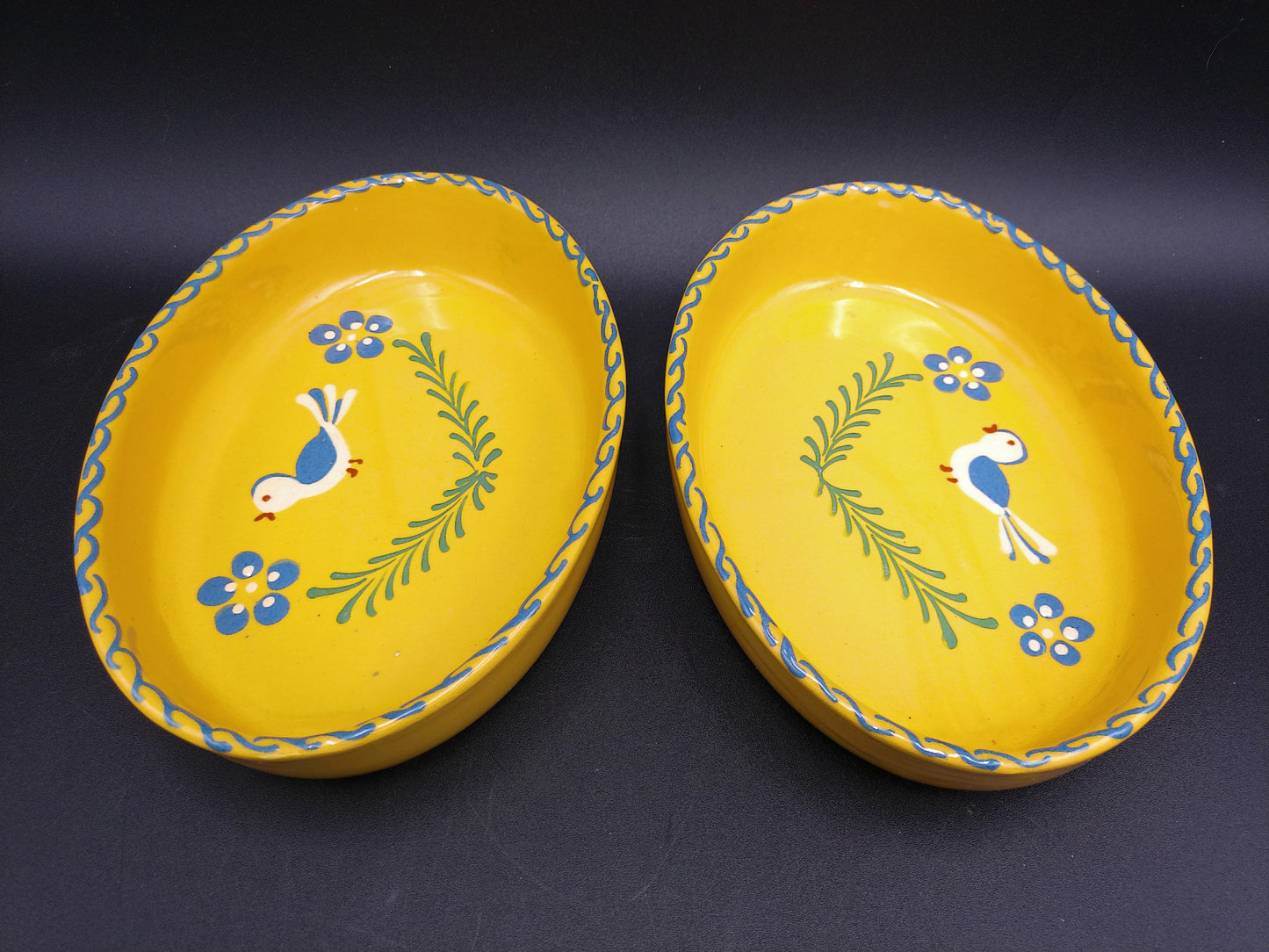 two plates bowls dish yellow colors decorative bird design vintage