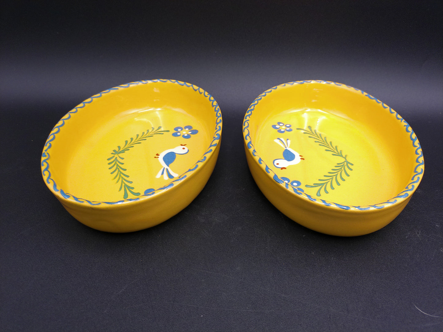 two plates bowls dish yellow colors decorative bird design vintage