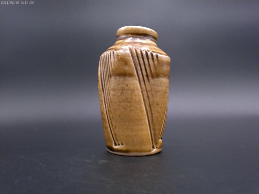 Pottery Vase sand brown color with angled lines  vintage