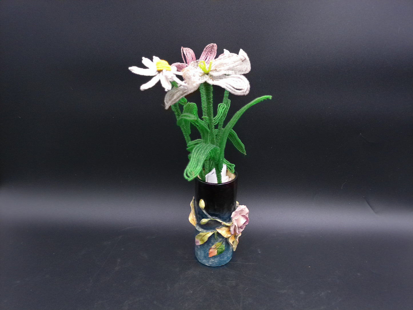 Vase Decorative Vintage Rare with Hand made Flowers Bottom read FMC 184