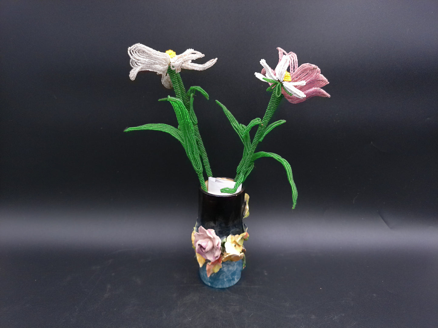 Vase Decorative Vintage Rare with Hand made Flowers Bottom read FMC 184