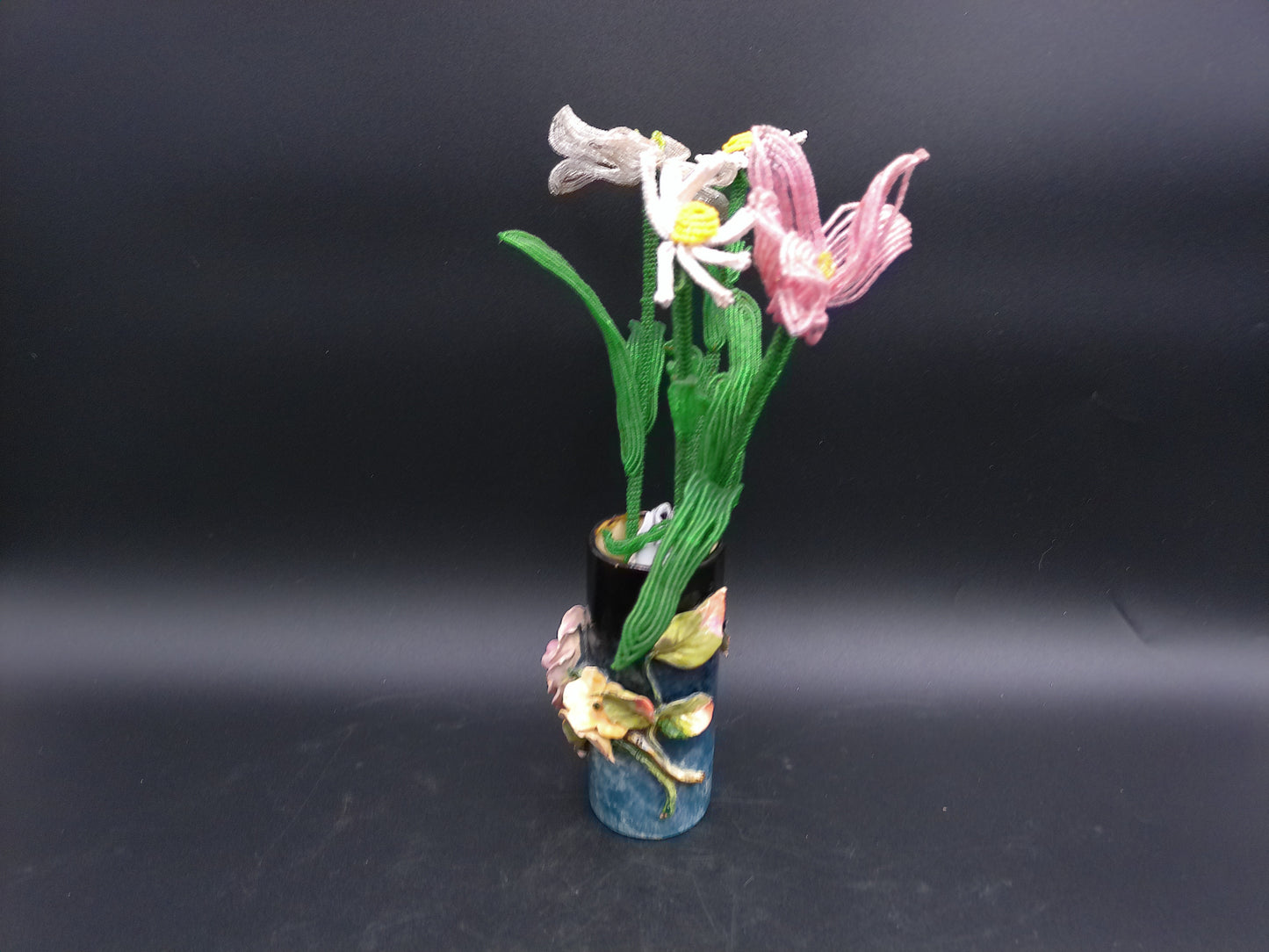 Vase Decorative Vintage Rare with Hand made Flowers Bottom read FMC 184