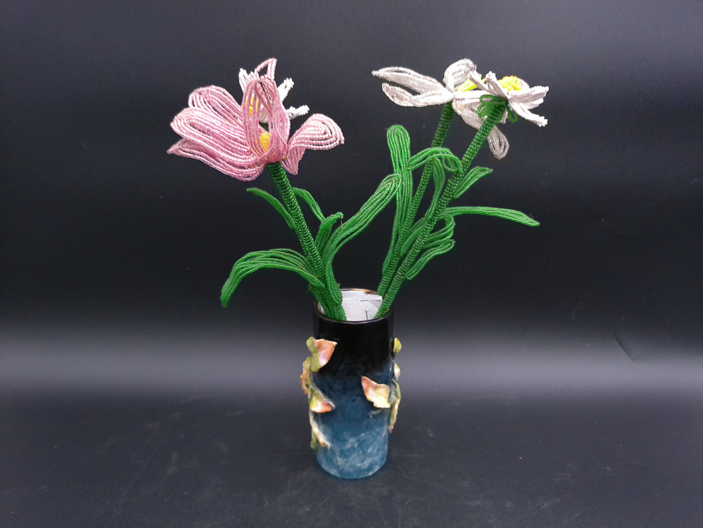 Vase Decorative Vintage Rare with Hand made Flowers Bottom read FMC 184