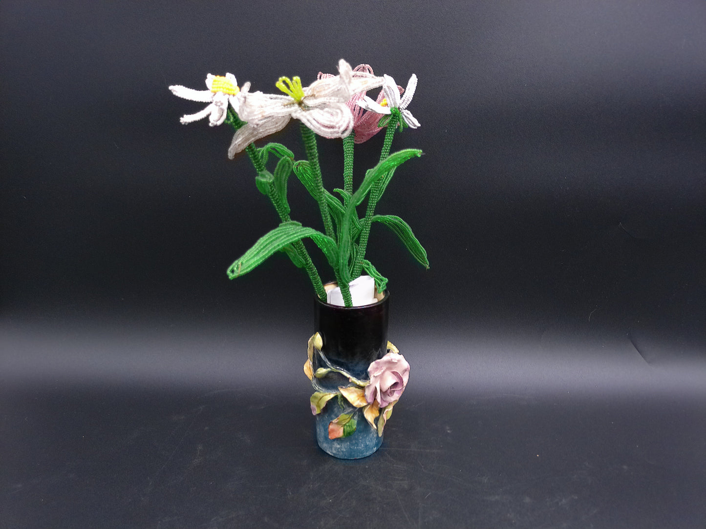 Vase Decorative Vintage Rare with Hand made Flowers Bottom read FMC 184