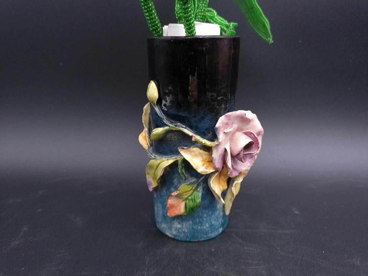 Vase Decorative Vintage Rare with Hand made Flowers Bottom read FMC 184
