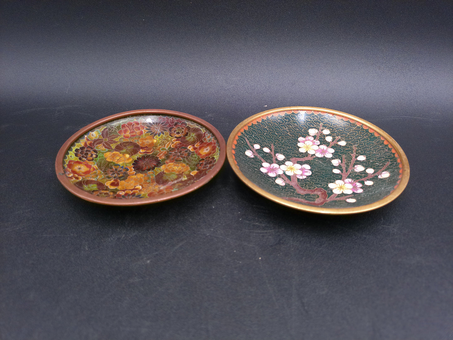 Asian Cloisonne Cherry Blossom Small Enamel Dish Display Plate and floral design lot of 2