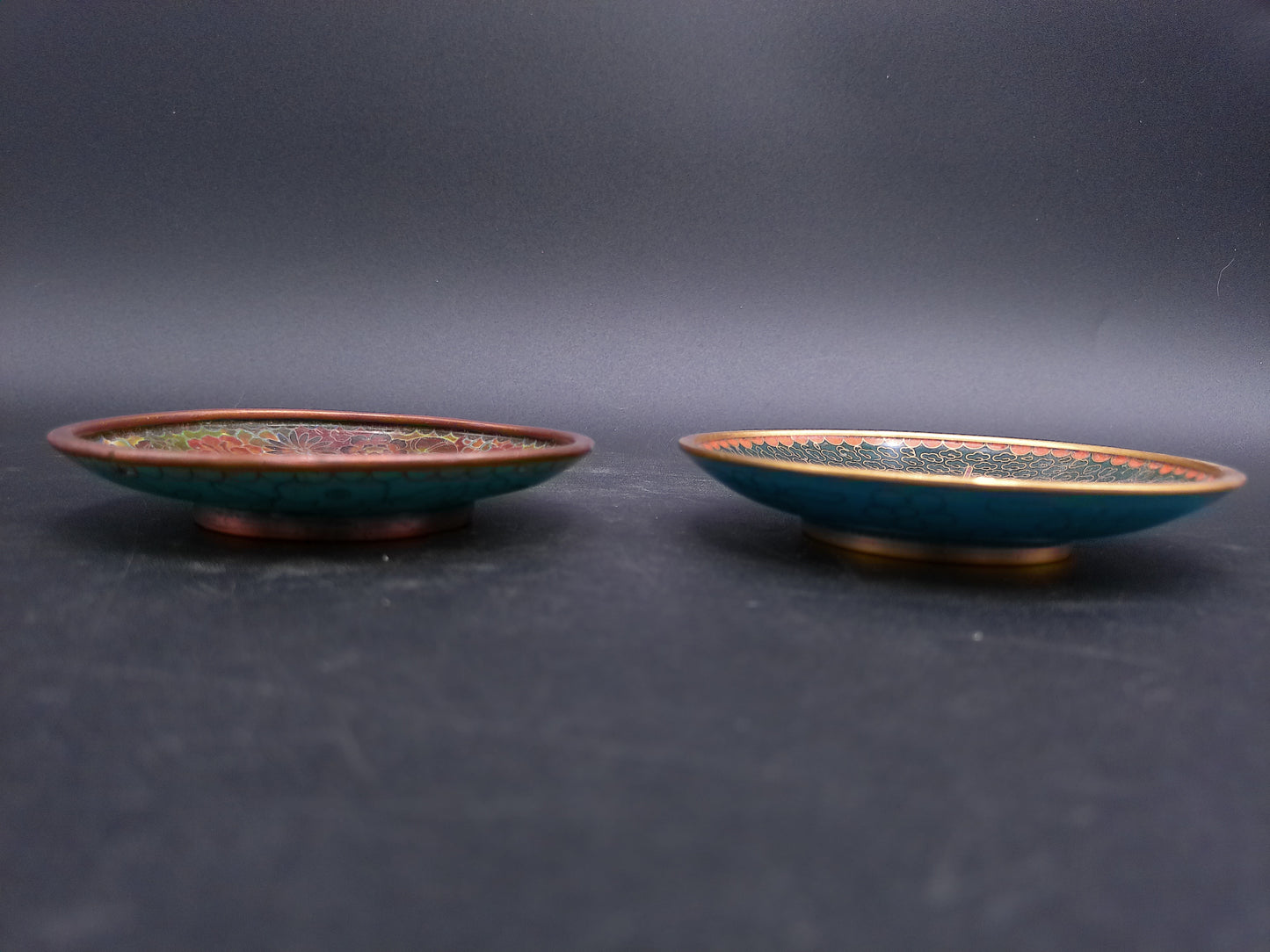 Asian Cloisonne Cherry Blossom Small Enamel Dish Display Plate and floral design lot of 2