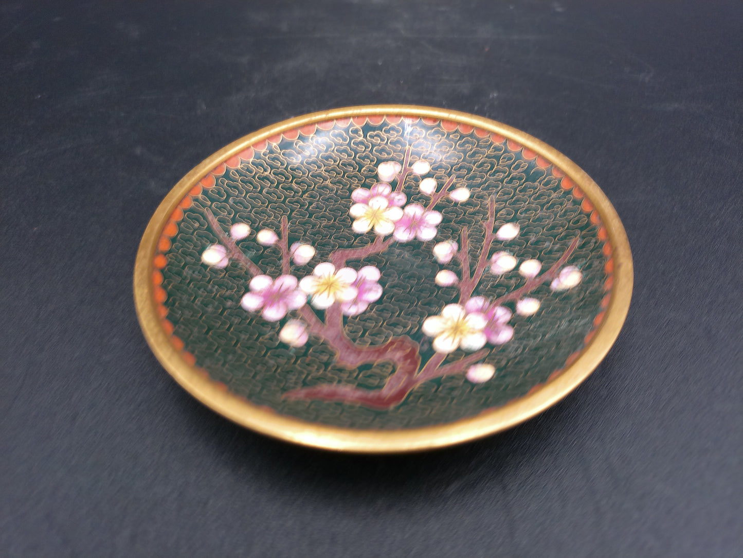 Asian Cloisonne Cherry Blossom Small Enamel Dish Display Plate and floral design lot of 2