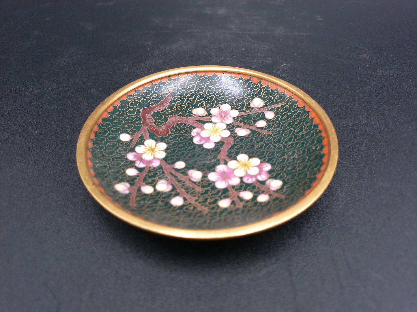 Asian Cloisonne Cherry Blossom Small Enamel Dish Display Plate and floral design lot of 2