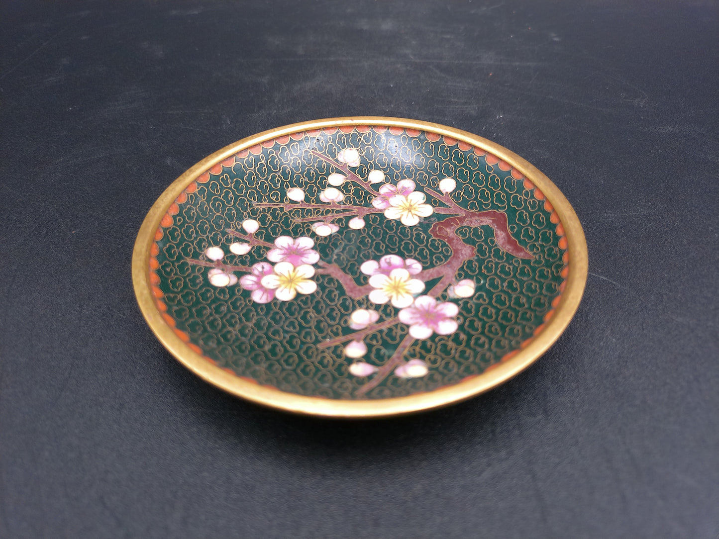 Asian Cloisonne Cherry Blossom Small Enamel Dish Display Plate and floral design lot of 2