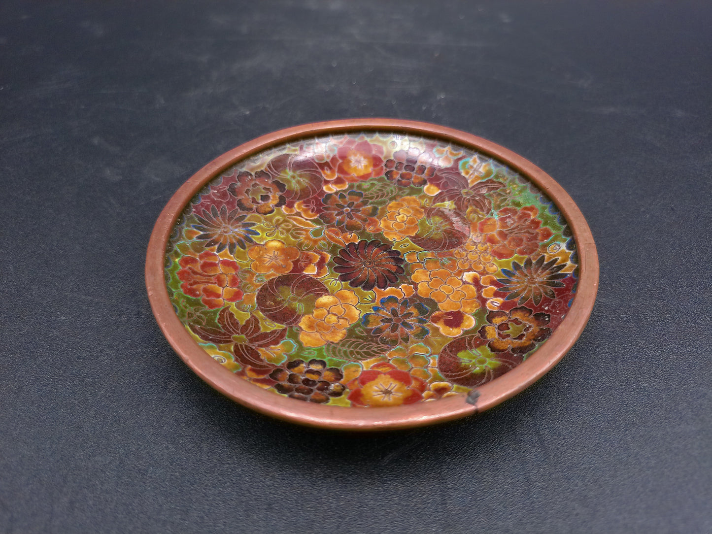 Asian Cloisonne Cherry Blossom Small Enamel Dish Display Plate and floral design lot of 2