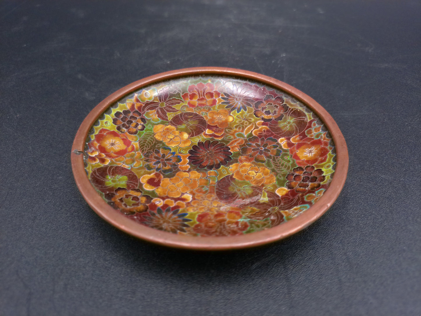 Asian Cloisonne Cherry Blossom Small Enamel Dish Display Plate and floral design lot of 2