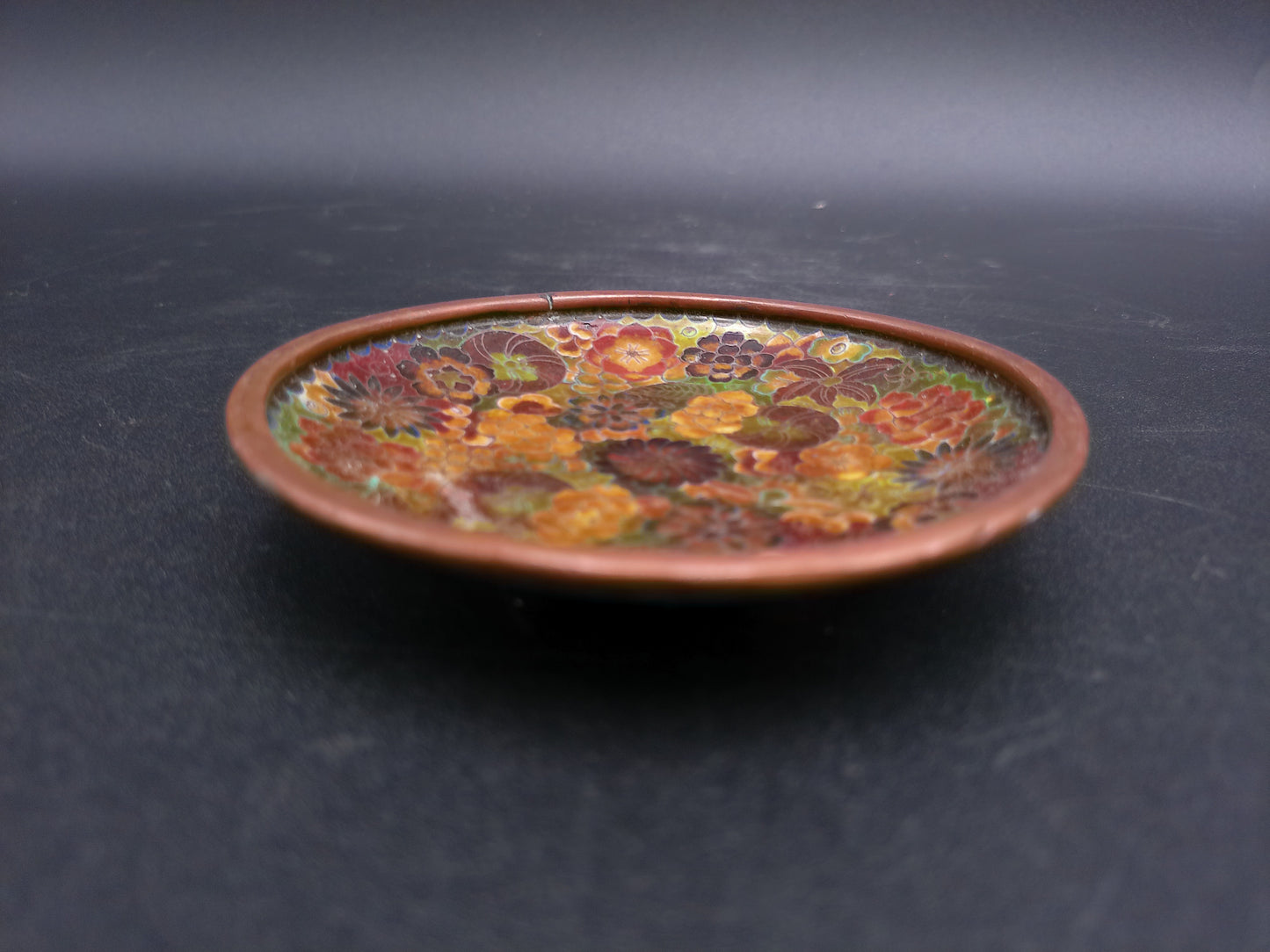 Asian Cloisonne Cherry Blossom Small Enamel Dish Display Plate and floral design lot of 2